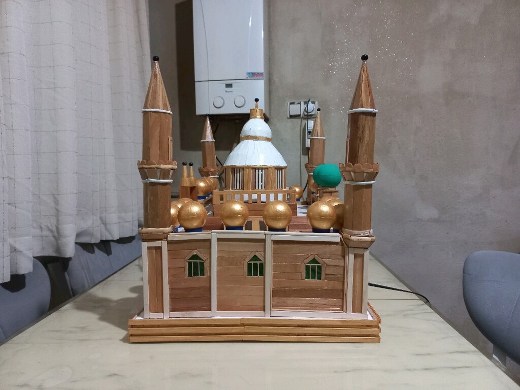 Led ışıklı 4 minareli el yapımı ahşap cami maketi - 17