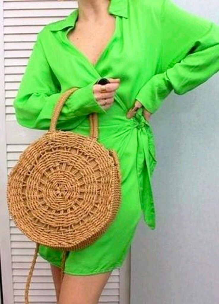 H&M Neon Yeşil Saten Kruvaze Mini Elbise – XL - 2