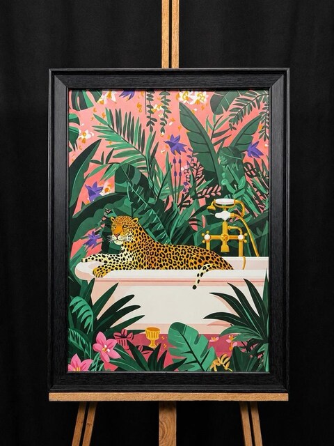 Leopar Tropikal Camlı Çerçeveli Tablo 48×67 cm