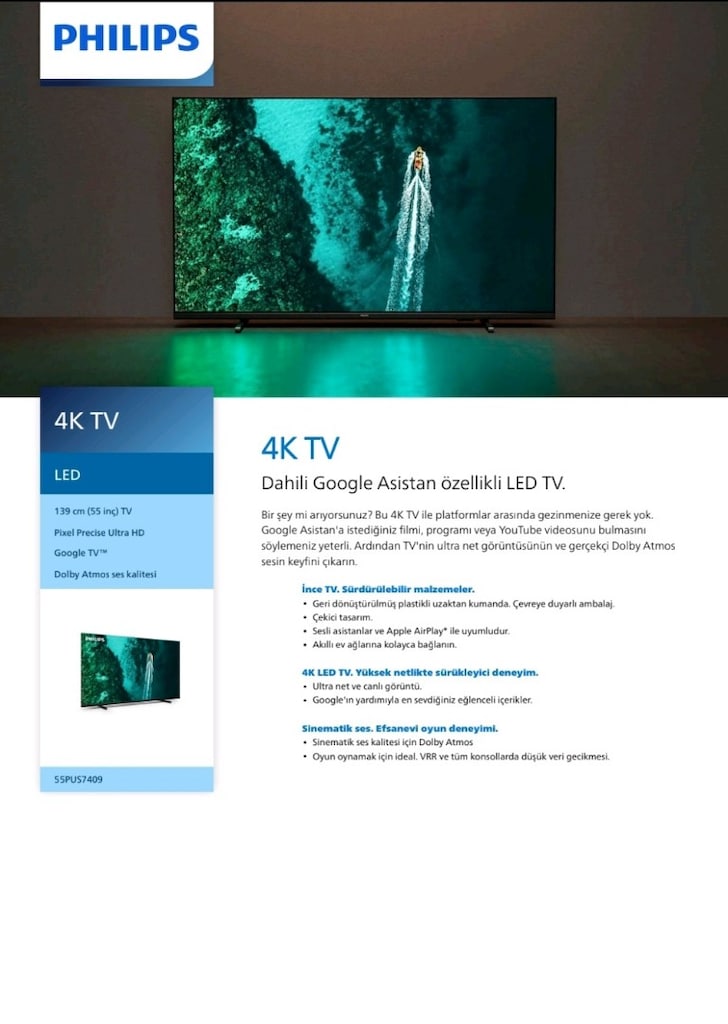 Philips 55PUS7409 4K 55 inç Google Tv (ORİJİNAL PHILIPS GARANTİLİ) - 2