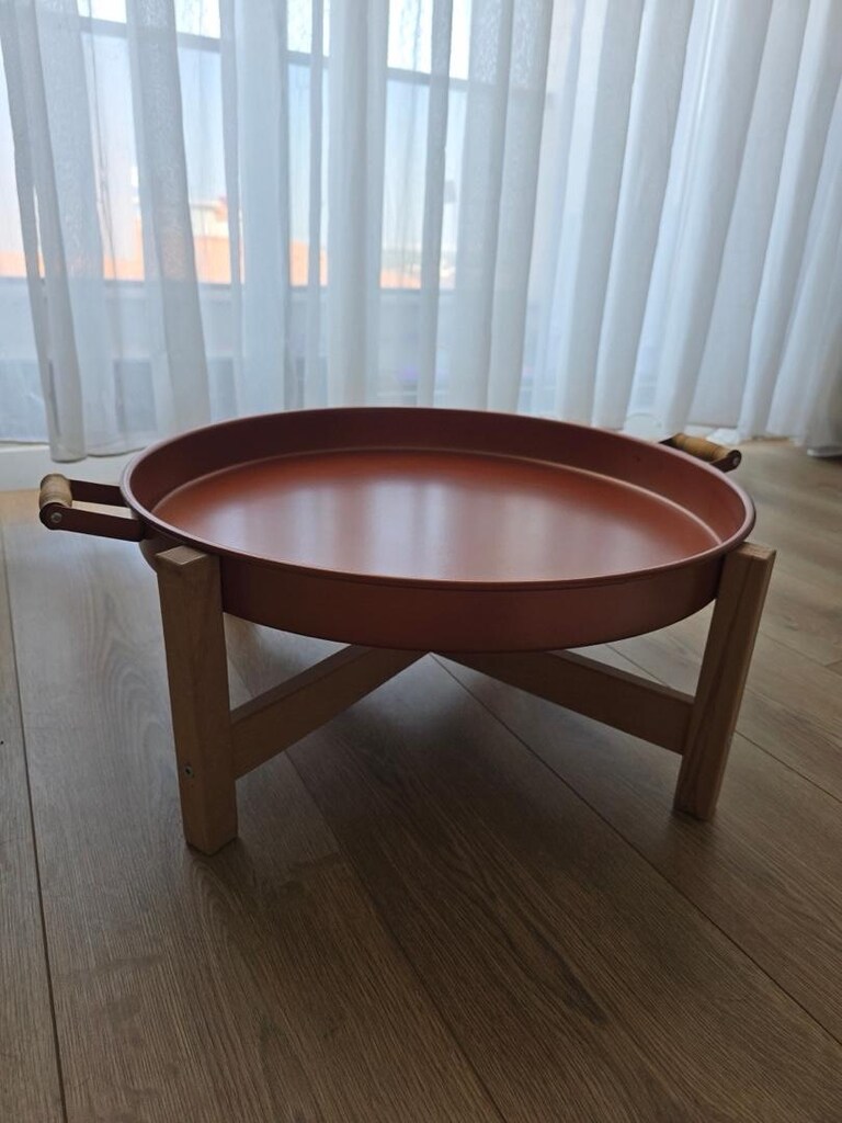 Ahşap Ayaklı Yuvarlak Yer Sofrası / Alçak Tepsi Sehpa - Terrakota - 2