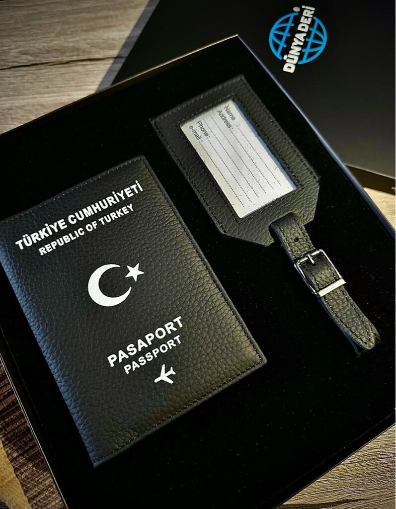 Deri Pasaport Kılıfı, Deri Pasaport Kabı Cüzdanı Bagaj Etiket 2’li Set - 3
