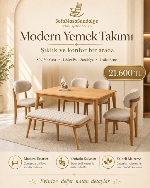 80x130 Kayın Masa Takımı – 4 Polo Sandalye + 1 Benç