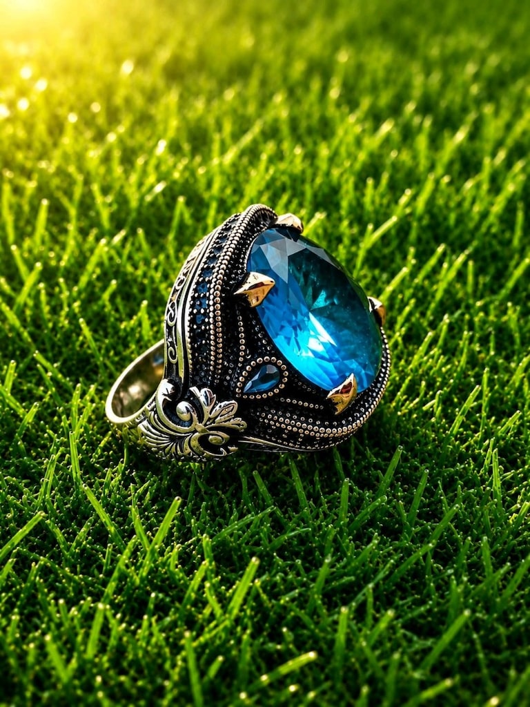 925 Ayar Aqua Marin Taşlı Gümüş Yüzük - 13