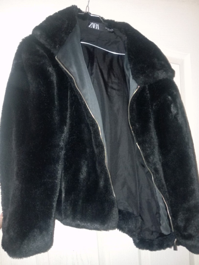 Zara kürk peluş mont siyah kapüşonlu