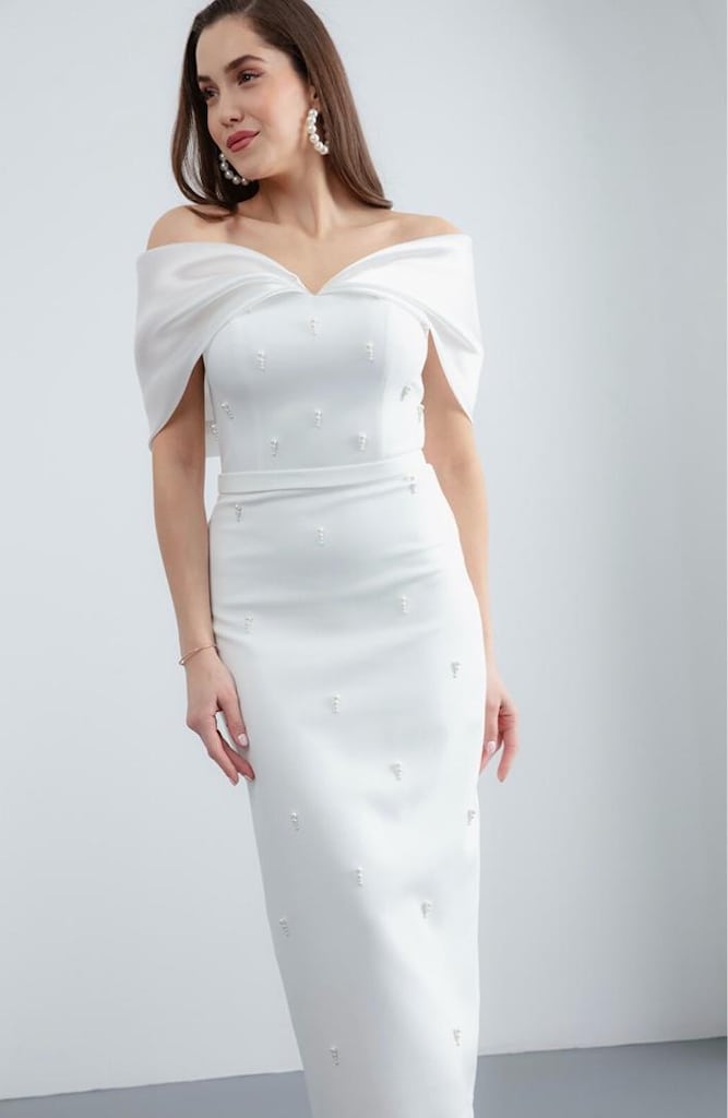 Kayık Yaka İncili Saten İsteme-Söz-Nişan-Nikah Abiye Elbise - 4