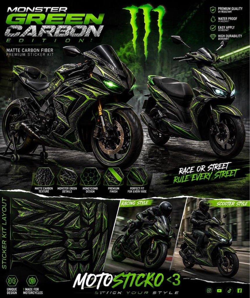 MONSTER GREEN&CARBON DESENLİ Motorsiklet Sticker Seti