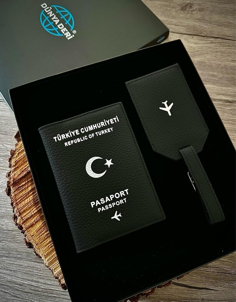 Deri Pasaport Kılıfı, Deri Pasaport Kabı Cüzdanı Bagaj Etiket 2’li Set - 14