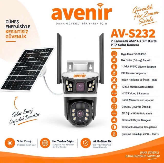 AVENİR AV-S232 2 KAMERALI SİM KARTLI SOLAR KAMERA
