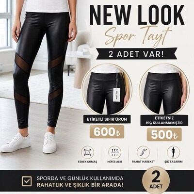 New Look Spor Tayt Siyah Deri Görünümlü Tayt 2 Adet XS