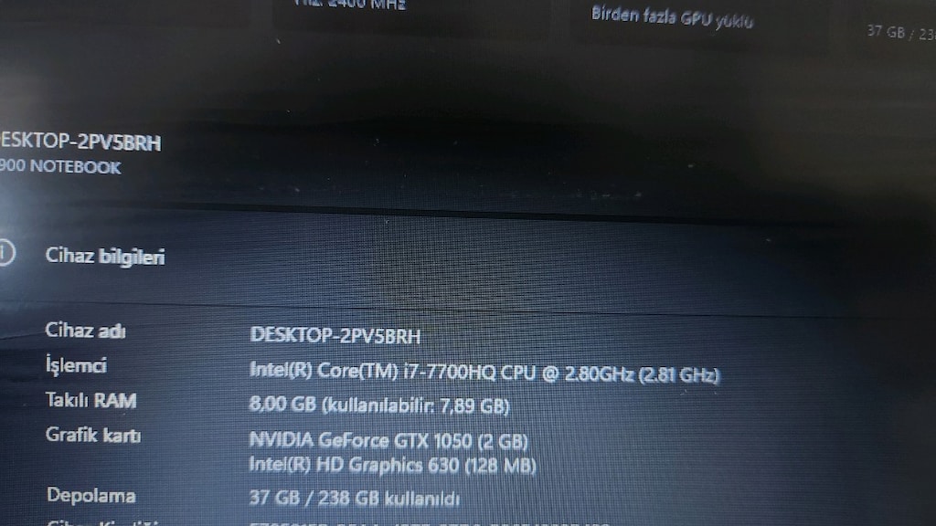 İ7 CPU GTX 1050 VGA 8GB DDR4 256GB SSD - 8
