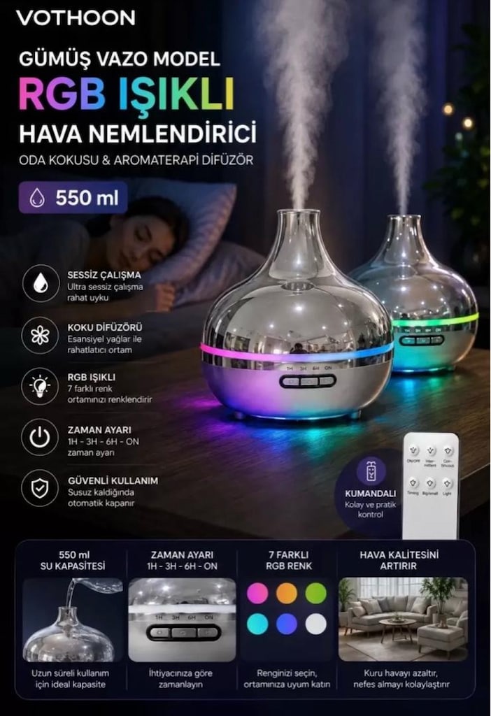 Gümüş Vazo Model Rgb Işıklı Hava Nemlendirici & Aromaterapi Difüzör - 3