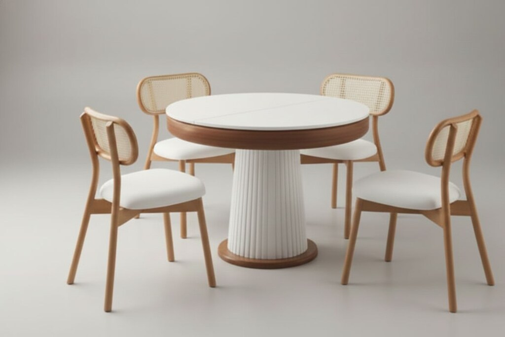Modern Bohem Yuvarlak 4 kişilik Açılan Masa - Beyaz , Natural - 6