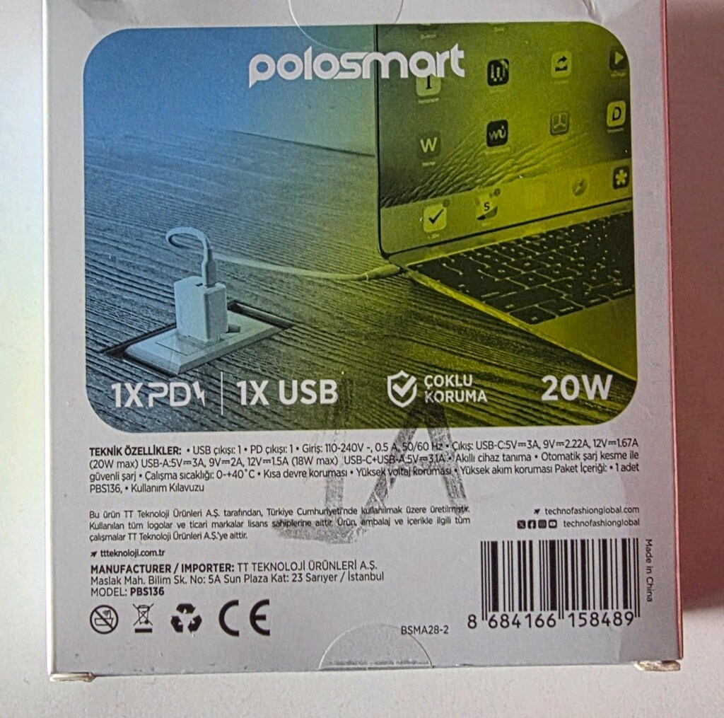 Polosmart PBS136 Hızlı 1 USB 1 PD Çıkışlı 20W Şarj Adaptörü Duvar Şarj - 15