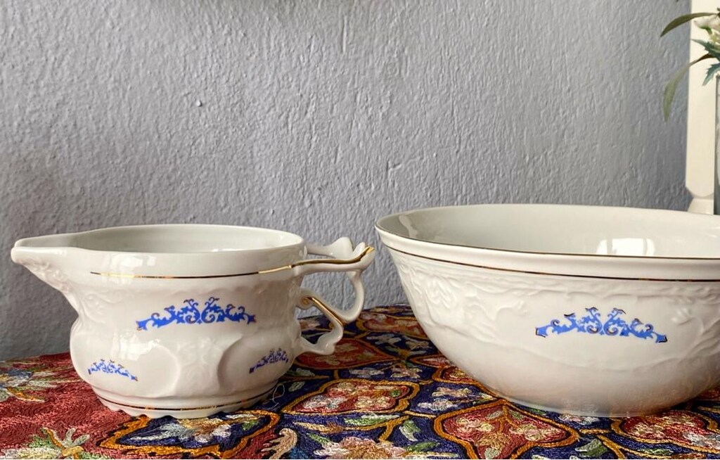 Antika Romanya El Boyama Gofre İşçilkli Porselen El Yıkama Seti - 6