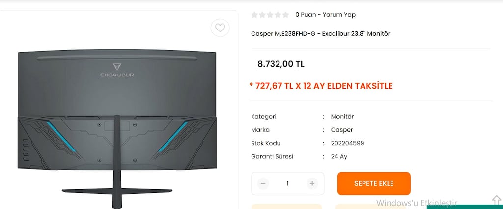 CASPER EXCALIBUR 23.8" 200HZ 1MS CURVED OYUNCU MONİTÖRÜ - KUTULU - 9