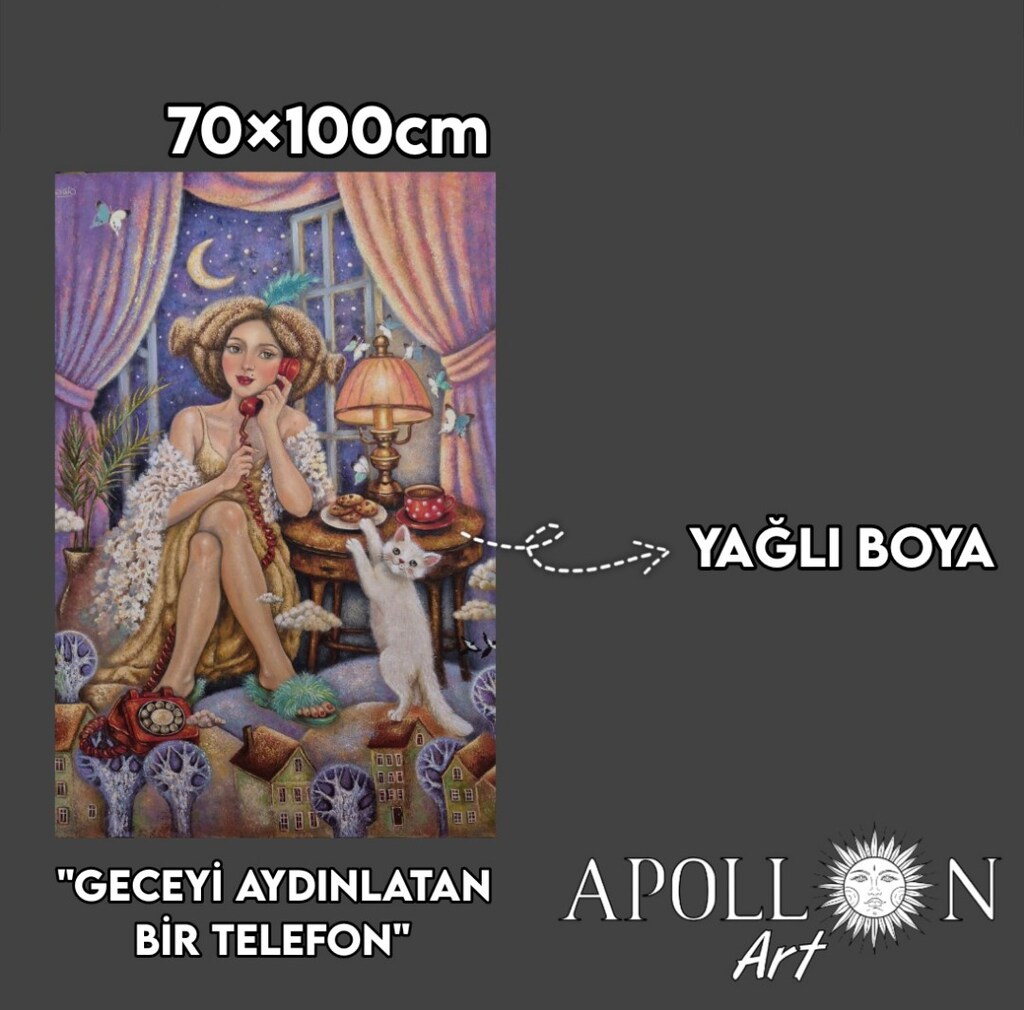 imzalı yağlı boya tablosu "Geceyi Aydınlatan Bir Telefon" - 2