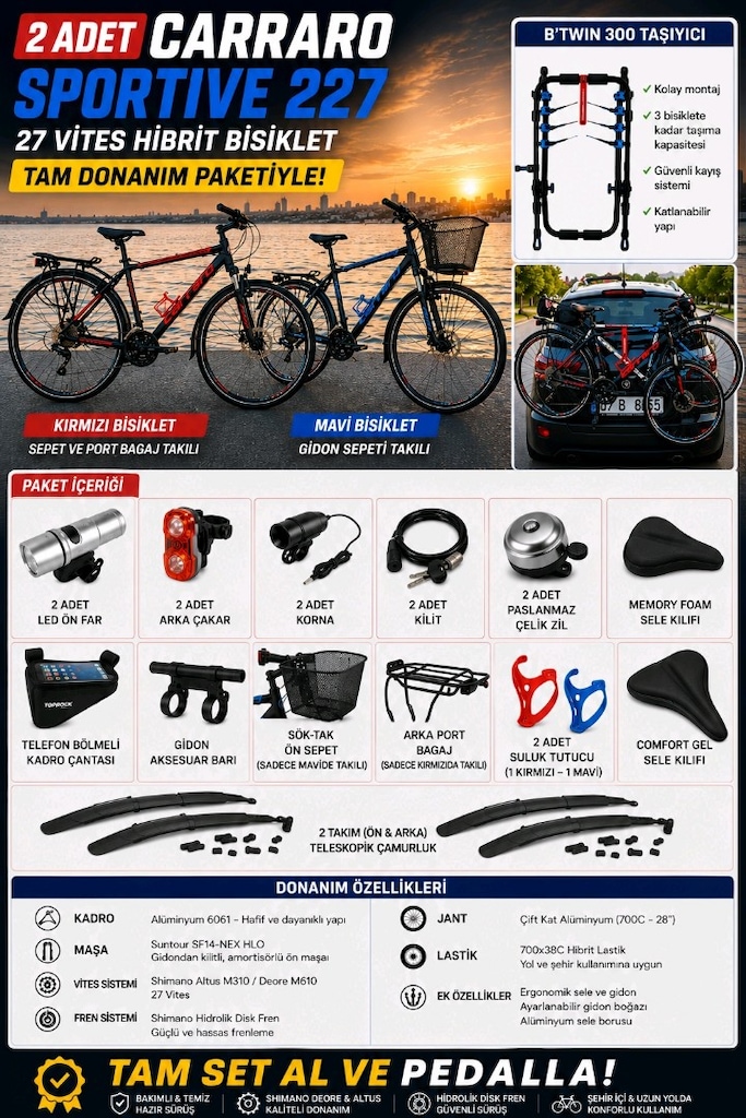 2 Adet Carraro Sportive 227 + B'Twin Taşıyıcı + Tam Ekipman Seti