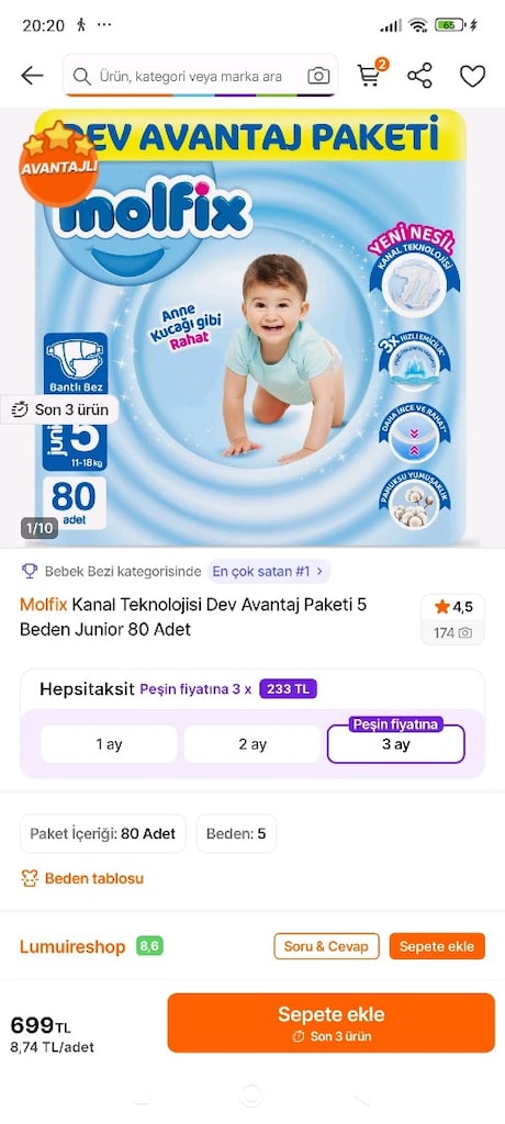 5 numara Molfix bebek bezi açılmamış paket - 3