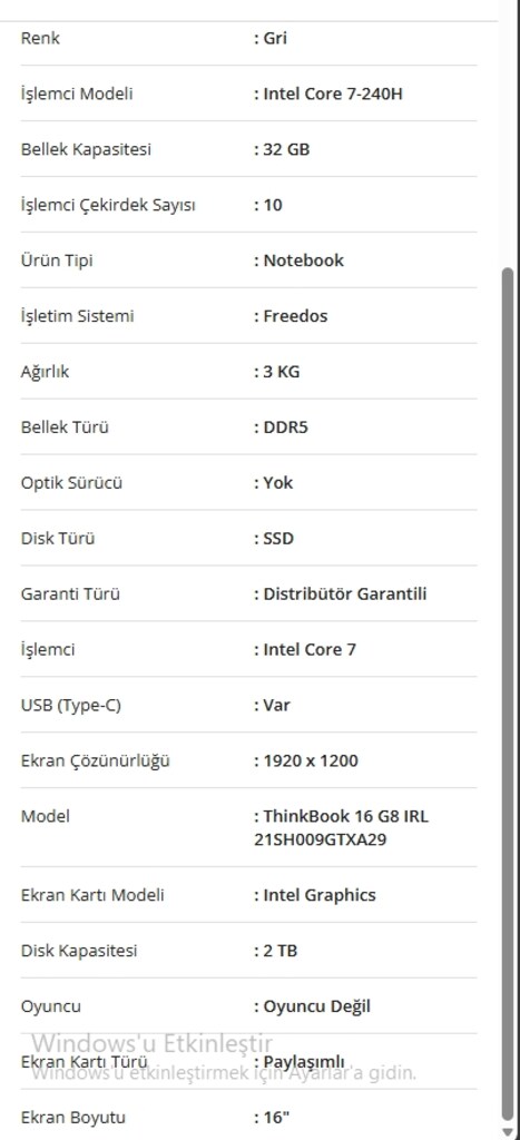 Lenovo ThinkBook 16 G8 IRL 21SH009GTXA29 i7-240H 32 GB 2 TB SSD - 8