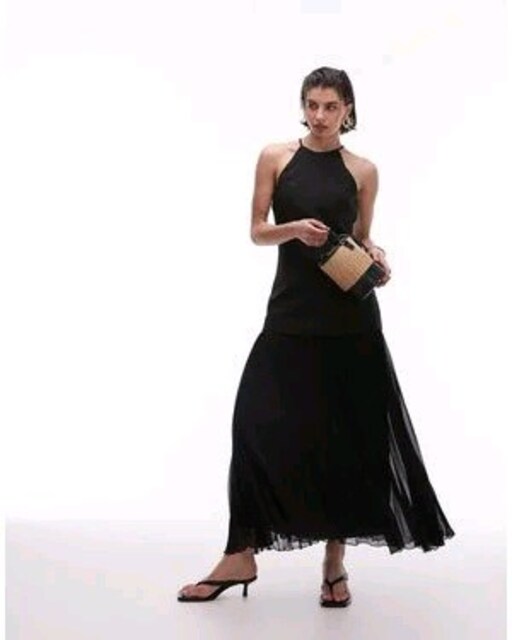 Mango Siyah Midi Plise Elbise