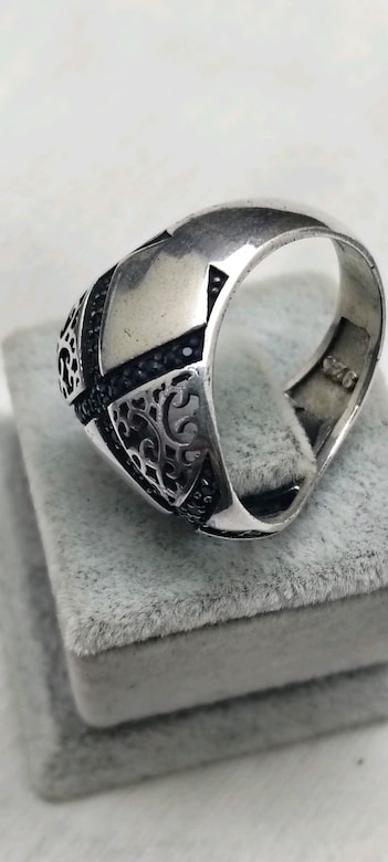 925 Ayar Gümüş Oksitli Geometrik Desenli Taşsız Erkek Yüzük – 7,5 Gram - 8