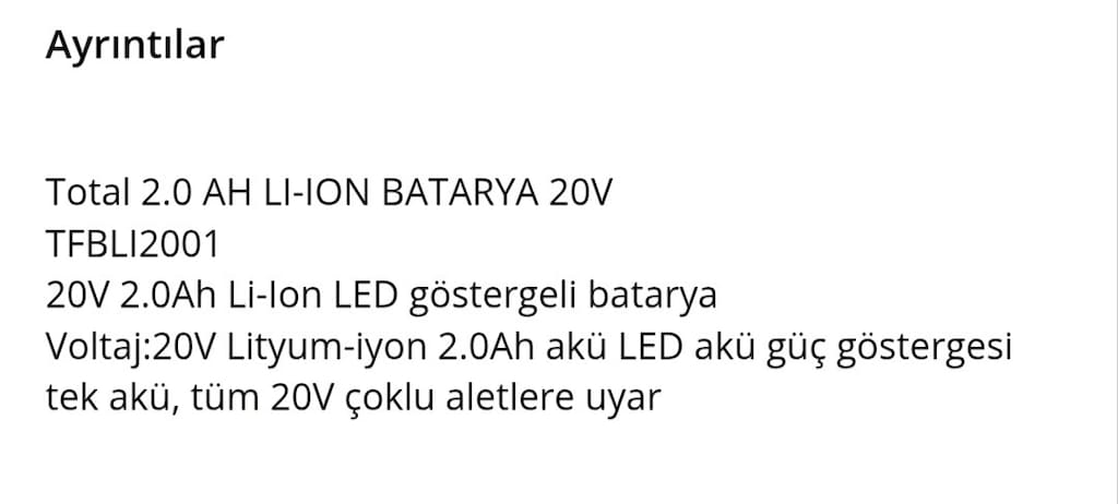 Total 2.0Ah lion batarya 20 V yeni - 2