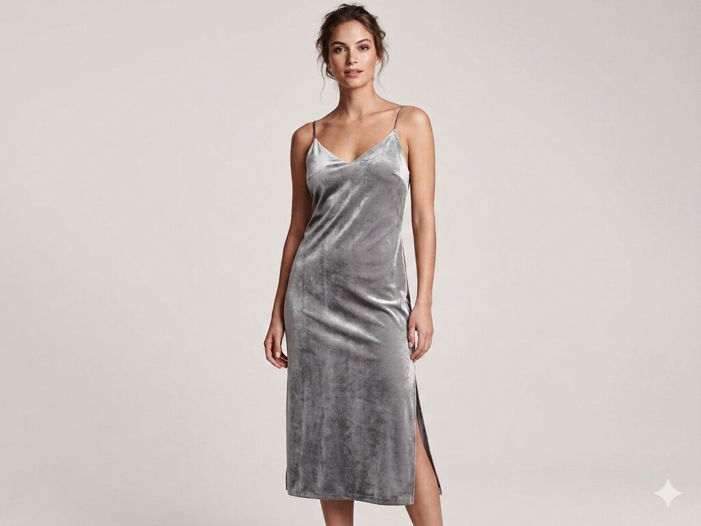 H&M Etiketli Gümüş Gri Kadife 40 Beden Slip Elbise - 2