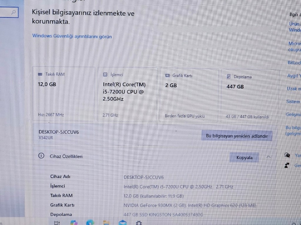 Asus i5 7200U Mx130 2GB 512GB SSD 12GB Ram - 5
