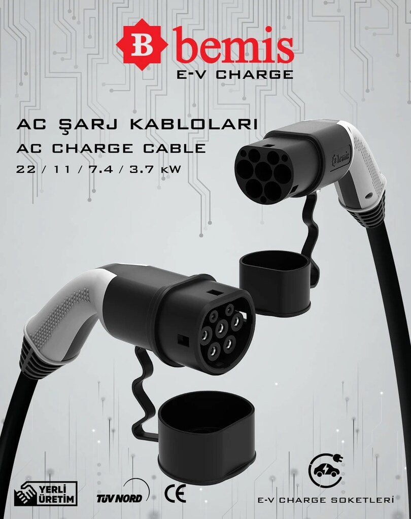 Bemis Elektrikli Araç Şarj Kablosu 5 Metre - 7,4 Kw - Çanta Hediye - 3