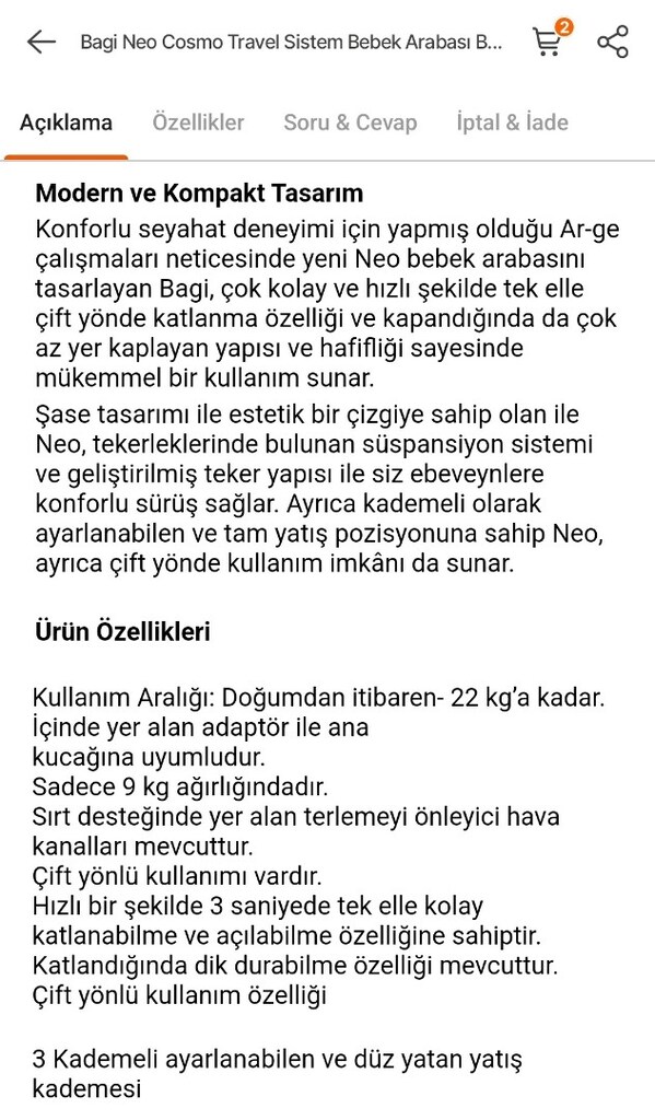 Bagi Neo bebek arabası Hafif tek el çift yön katlanır Anakucağı sistem - 2