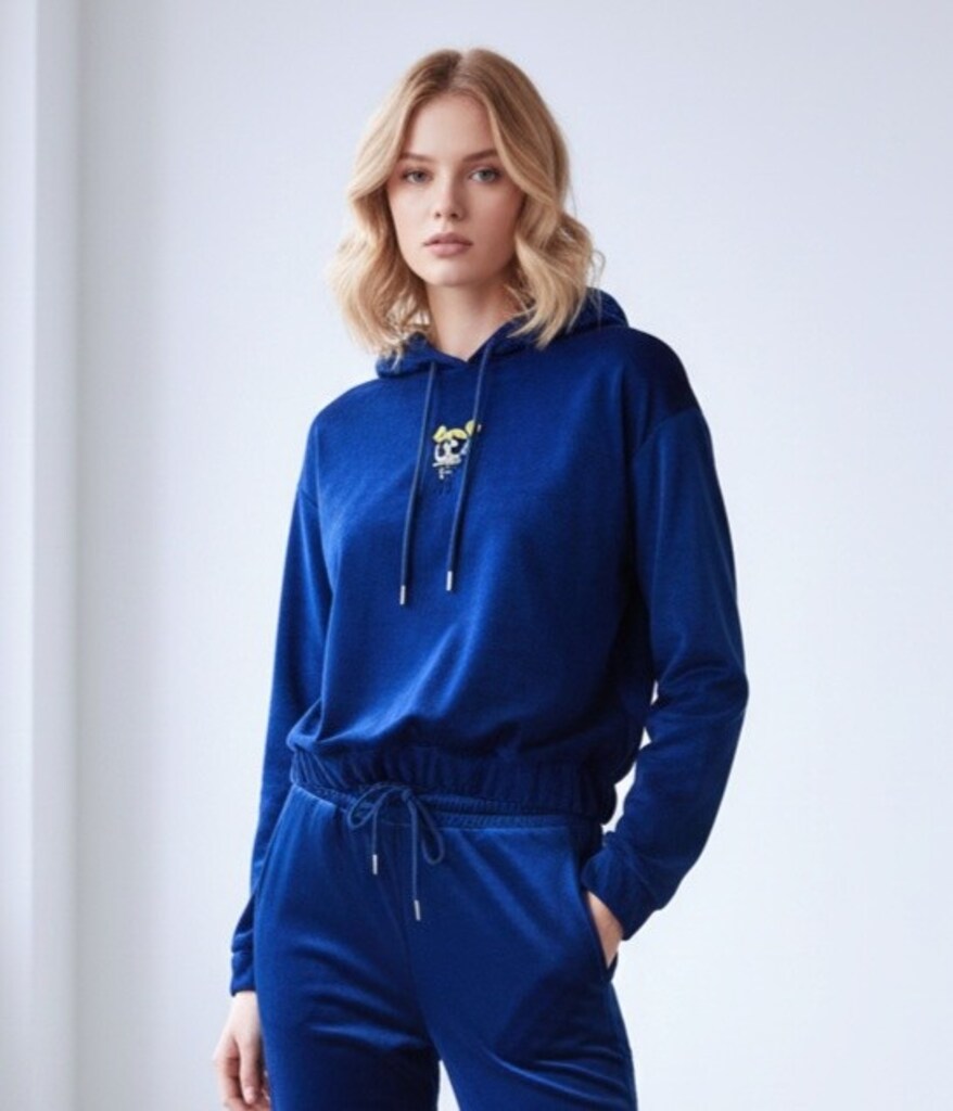 KADİFE MAVİ KAPŞONLU SWEAT EŞOFMAN ÜST S M
