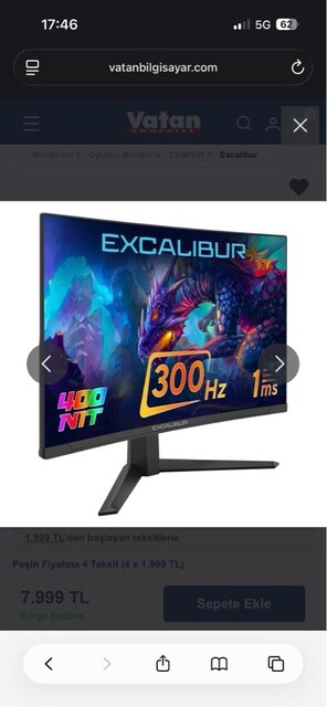 Casper Excalibur 27'' 300Hz 1MS(MPRT) Curved G-Sync / FreeSync Oyuncu
