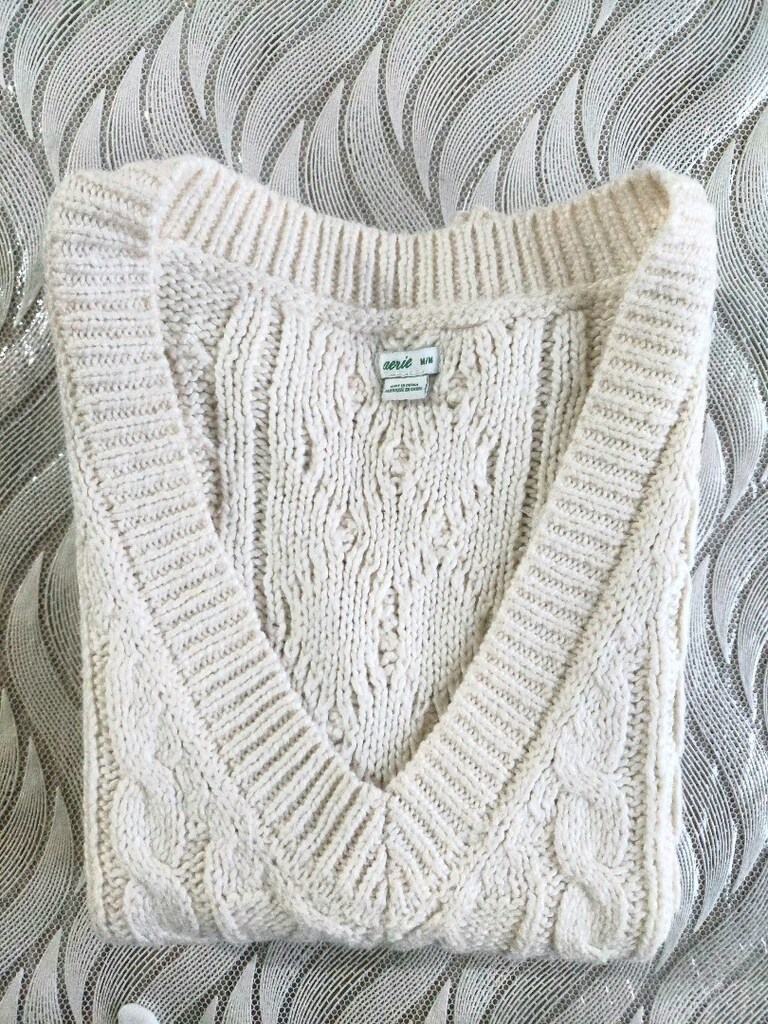 Aerie Saç örgü model V yaka ekru süveter - 7