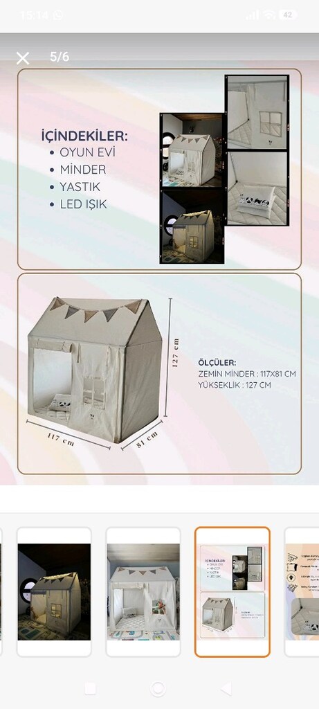casamio ışıklı oyun evi çocuk çadırı minder ve yastıklar var bej sıfır - 5