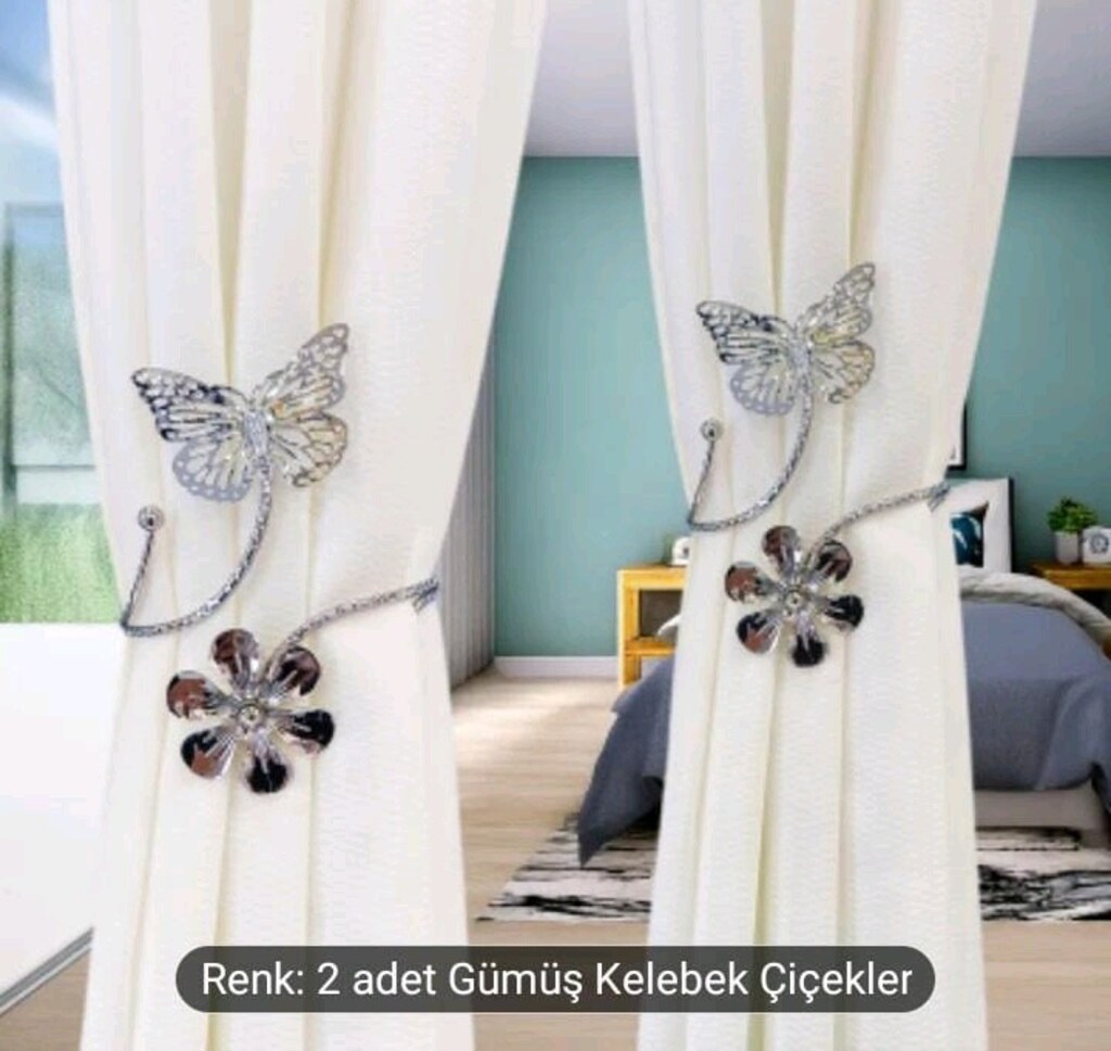 Gümüşü renk 2 li Çiçek ve Kelebek Detaylı Bohem Perde broşu - 4