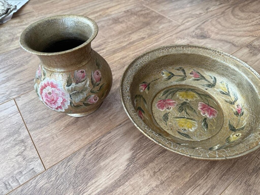 El boyaması bakır vazo ve tabak seti - 4