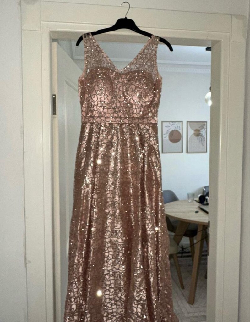 Nişanlık düğünlük simli elbise somon pembe - 5