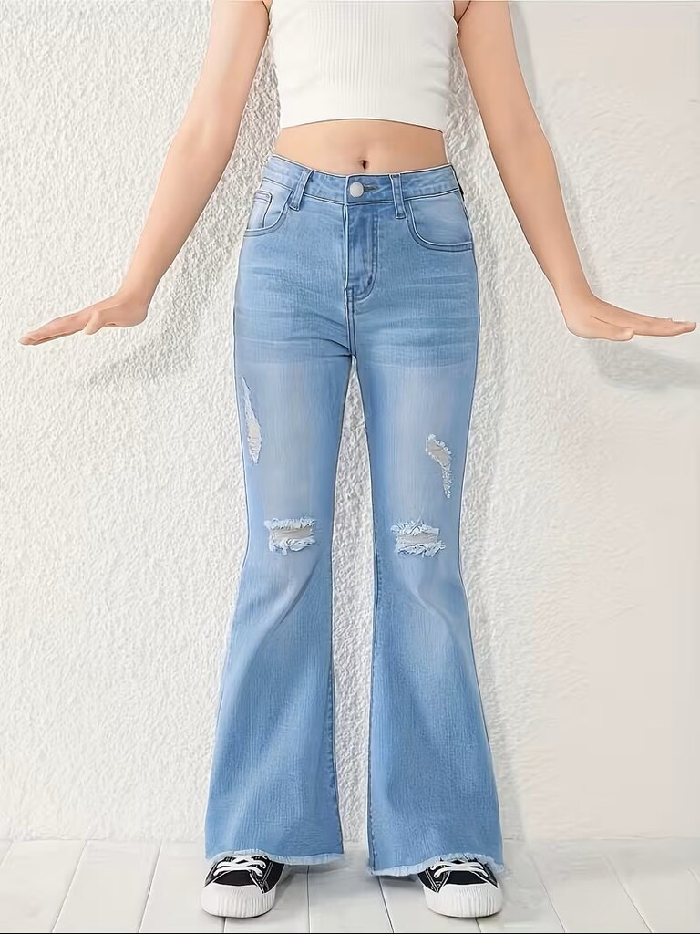 B060 Kızlar için Esnek Mavi Kot Pantolon Trend Yırtık Denim - 3