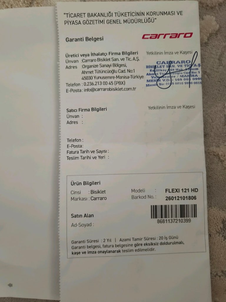 carraro bisiklet 2 ay önce aldım garanti belgesi ektedir - 2