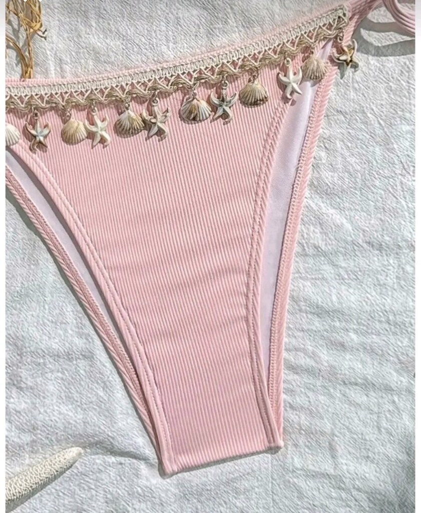Deniz kabuğu aksesuarlı pudra renk bikini takımı - 2