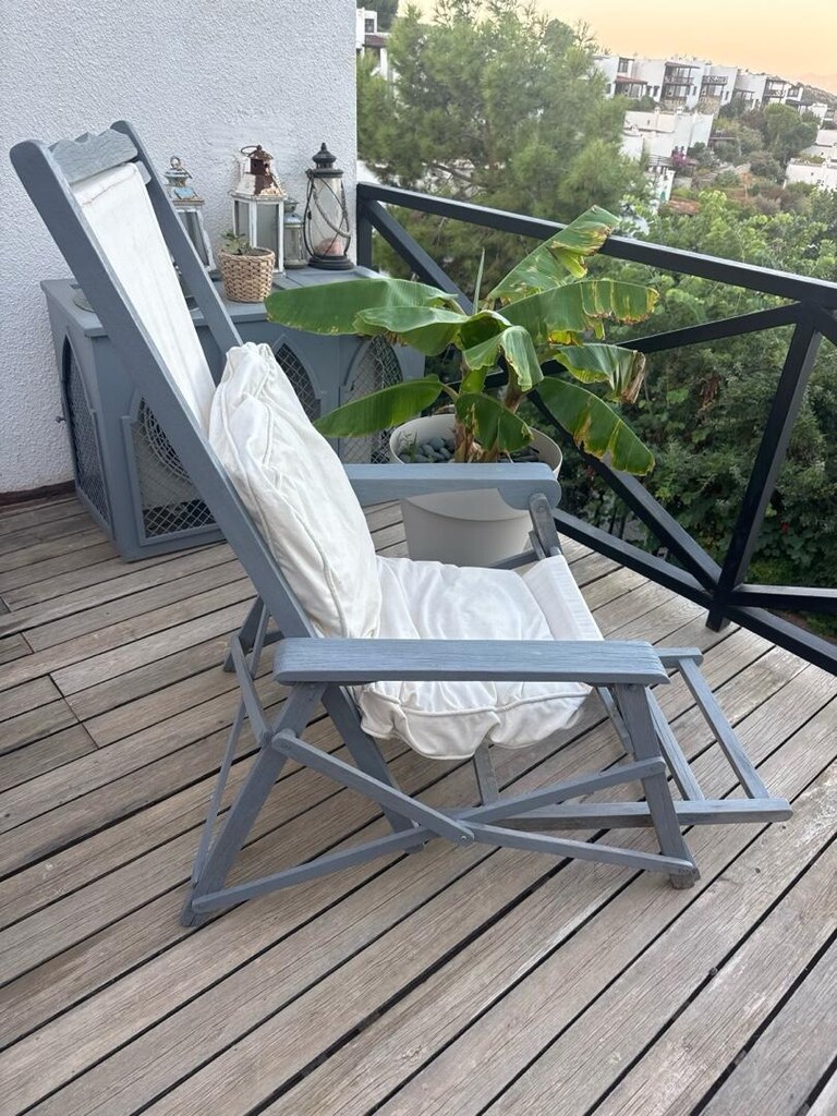 2 adet Ahşap gri yatabilen şezlong koçaklı koltuk bahçe - 5