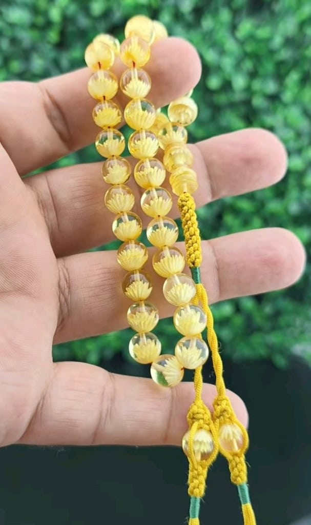 Damla Kehribar Lotus çiçeği işlemeli tesbih - 2