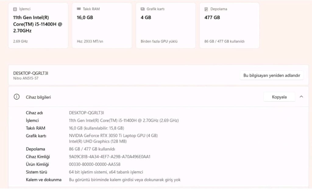 i5 11. Nesil Acer Nitro G@ming 16 GB RAM tam bir oyun canavarı laptop - 9