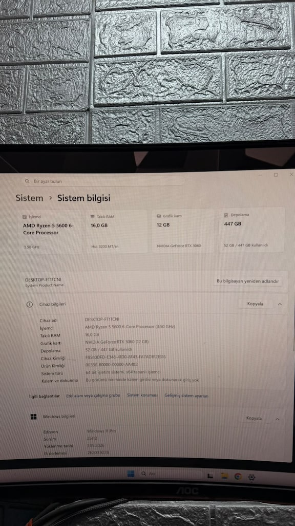 " TEMİZ " R5 5600 / RTX 3060 12GB / 16GB RAM / 500 SSD - SİSTEM - 5