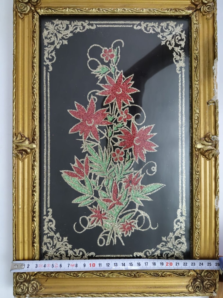 Vintage 1950/1980'ler Danimarka Çiçek İşlemeli Altın Çerçeveli Tablo - 4