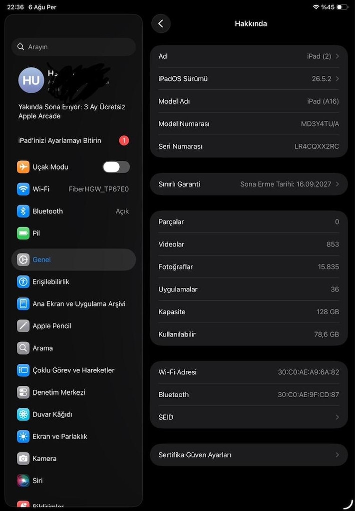 iPad A16 128 GB Wi-Fi 11. nesil Silver – Çok Temiz, Kutulu ve Aksesuar - 5