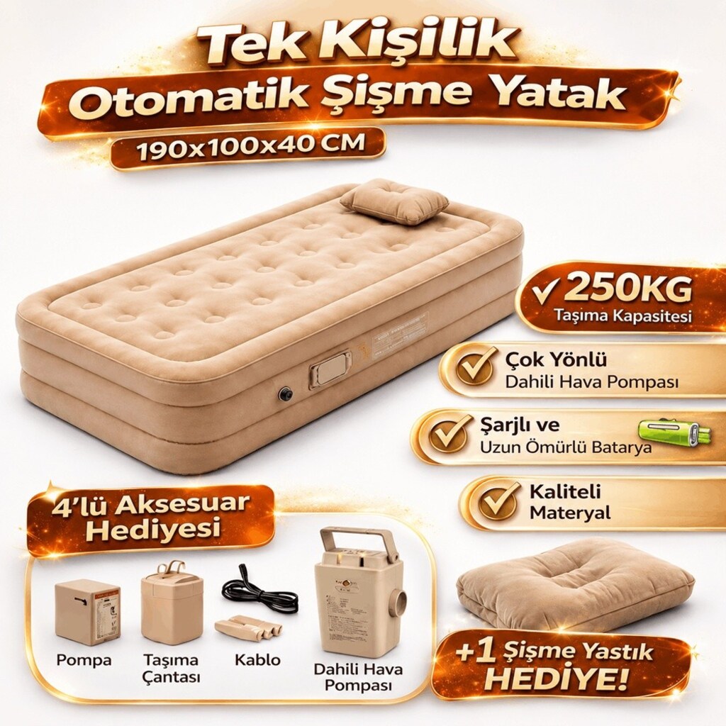 TK-1 Kendinden Şişen Tek Kişilik Şişme Yatak 190x100x40 cm Şarjlı Dahi