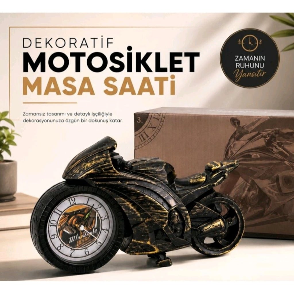 Motosiklet Tasarımlı Masa Saati - Dekoratif Hediyelik - - 3