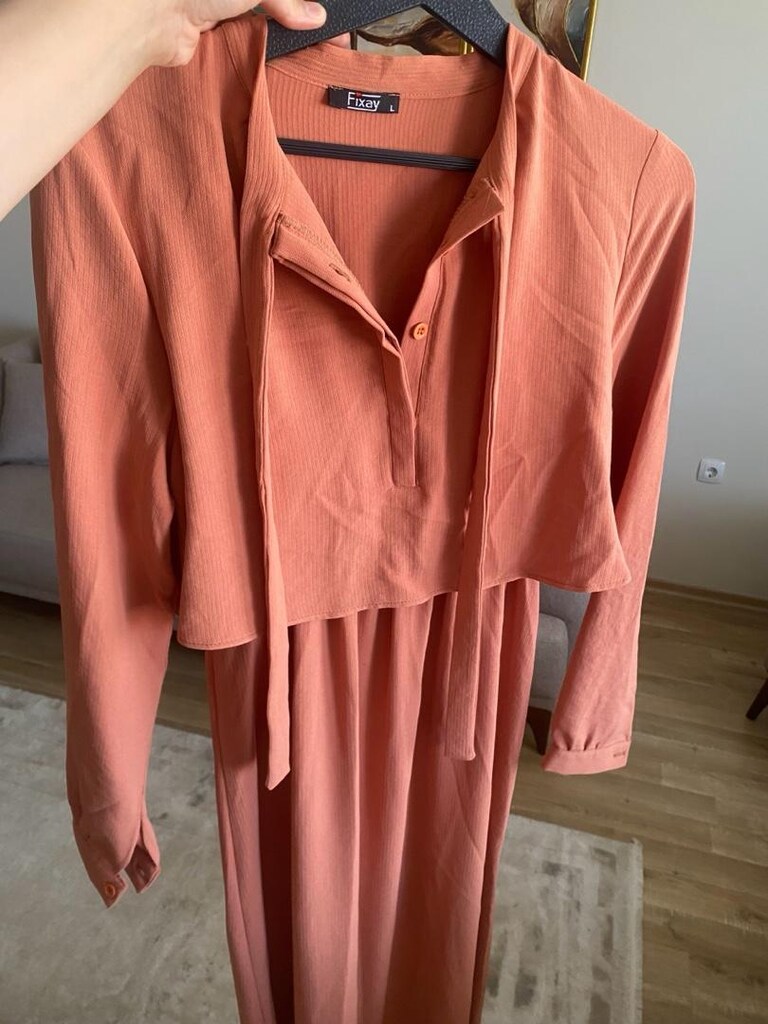 SADECE 100TL ! Zararına Somom Rengi iki parçalı görünümlü elbise - 3